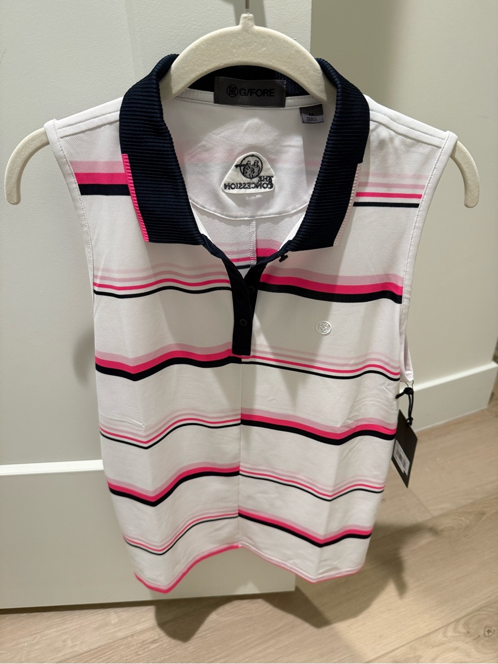 G/FORE Women's Sleeveless Golf Polo Top - White with Pink & Navy Stripes w Logo